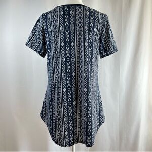 LuLaRoe Christy T Navy Blue and White Aztec Print High-Low Top Size Small